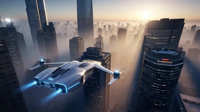 Futuristic spaceship flying over a hazy sci fi cityscape at sunrise