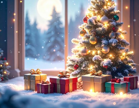 arbol de navidad, naide&ntilde;o, navidad, regalos, papa noel, cja de regalo, ventana, nieve