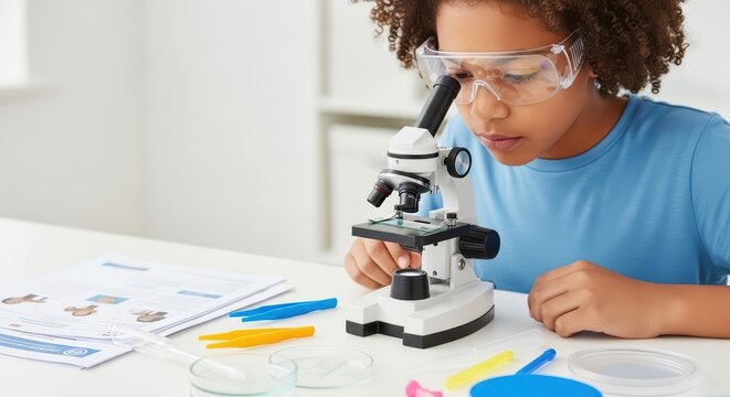 Young african child examining slide through microscope in science classroom - Powered by Adobe