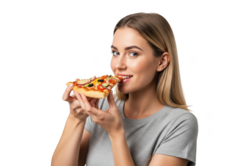 Woman eating a slice of pizza isolated on transparent background