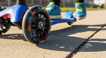Child riding blue scooter on sunny day with colorful shoes and wheels