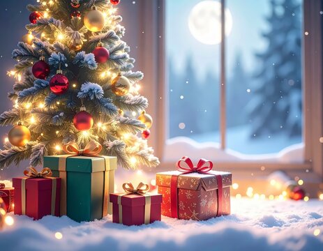 arbol de navidad, naide&ntilde;o, navidad, regalos, papa noel, cja de regalo, ventana, nieve