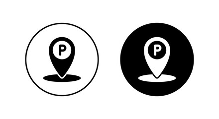 Parking location icon in black circle. Map marker with letter P symbol