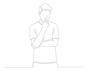 Simple Line Drawing Pensive Man Standing with Hand on Chin Illustration