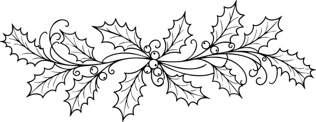 Elegant Christmas holly garland illustration perfect for holiday greeting cards, festive decorations, and seasonal design projects, adding a touch of sophistication © Vectors Studio