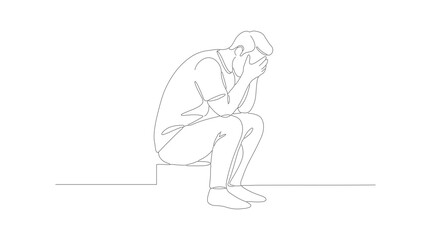 Obraz premium Minimalist Line Art Depressed Man Sitting Alone Illustration Concept