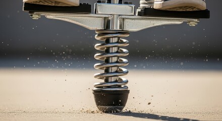 Close-up of a pogo stick spring on concrete surface with shoes visible