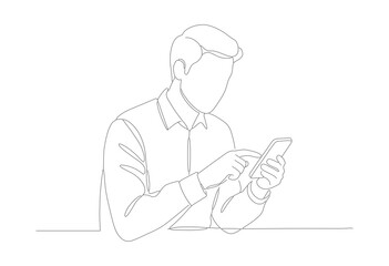 Line Art Single Stroke Man Using Smart Phone Mobile Device Illustration