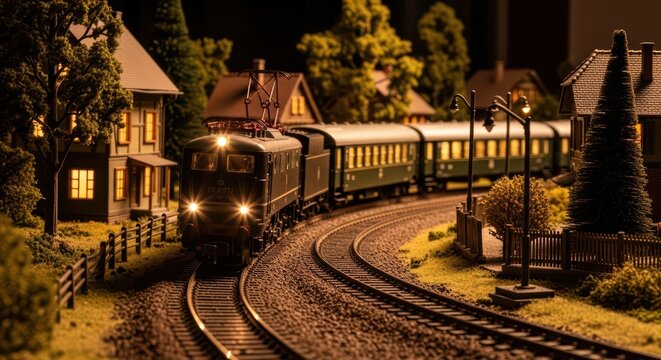 Miniature train set landscape with illuminated houses and trees at night