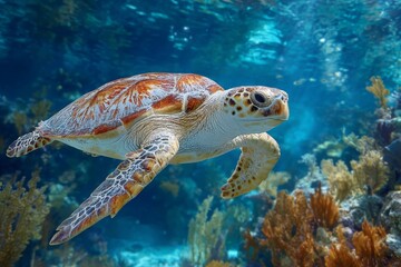 Fototapeta premium Graceful sea turtle swimming in clear blue ocean over vibrant coral reef.