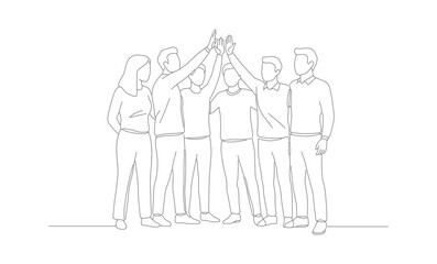 Continuous Line Illustration of Diverse Team Celebrating Success Through High Five