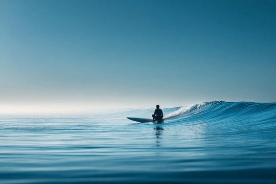 A solitary surfer waits patiently on his surfboard for a wave at sea. - Powered by Adobe