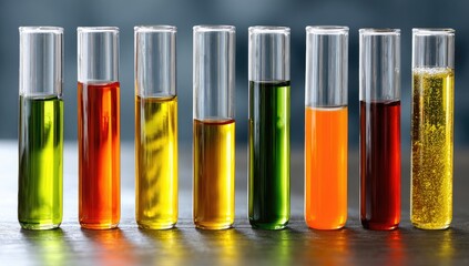 Colorful liquids in glass test tubes arranged in a row against a neutral backdrop, showcasing a variety of hues and textures.