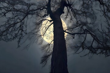 Spooky low-angle shot of a bare, gnarled tree silhouetted against a large, bright full moon. A dark, mystical, and eerie nighttime sky with faint clouds.
 Generative Ai.