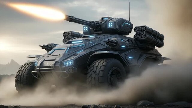 Futuristic armored combat vehicle with advanced weaponry in a gritty landscape