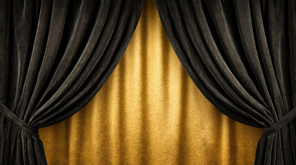 Elegant black velvet curtain on theater stage opening to dramatic gold drape background. luxurious and mysterious setting for show, premiere, or grand announcement
