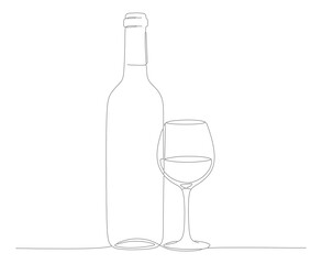 Minimalist Outline Drawing of Wine Bottle and Glass Still Life