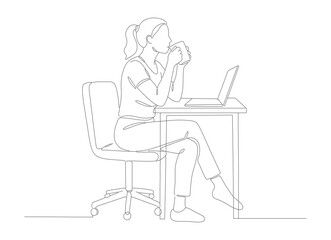 Minimalist Outline Continuous Line Drawing Woman Working on Laptop Illustration
