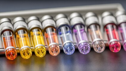 A row of colorful test tubes, filled with various liquids, sits neatly in a metal holder.