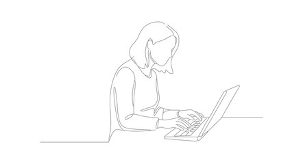 Minimalist Line Art Woman Typing on Laptop Computer Illustration