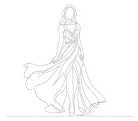 Delicate Line Art Illustration of a Woman in Flowing Gown Fashion
