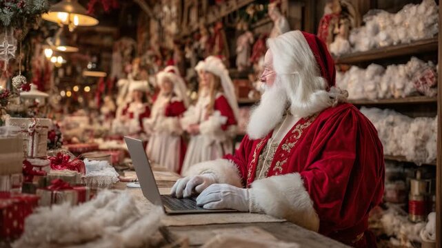 Santa Claus Engaged in Holiday Preparations: Capturing the Magic of Christmas in a Festive Workshop Brimming with Decorations and Joyous Spirits