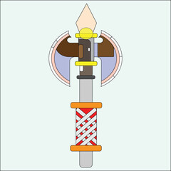An illustration of a fantasy axe with a brown handle, red and white grip, and a doublebladed head, isolated on a light blue background