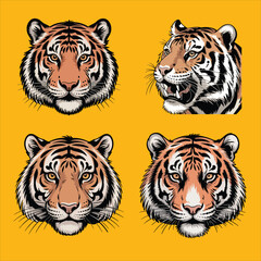 Tiger Head Quartet – Bold Vector Wildlife Illustration on Yellow