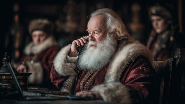 A Thoughtful Santa Claus Engaging in an Important Phone Call While Surrounded by Enchanted Christmas Ambiance Captured in Two Iconic Frames