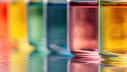 Colorful liquid samples in glass containers, showcasing a spectrum of vibrant hues against a reflective surface.