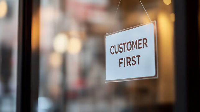 A 'Customer First' sign hangs in a shop window, emphasizing service priority and client-centric approach in business. Focusing on customer satisfaction.