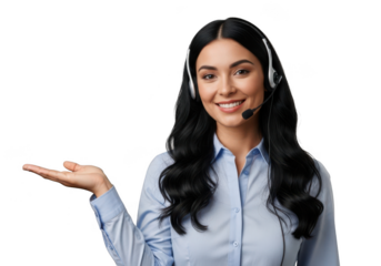 Smiling woman with headset offering assistance isolated on transparent background
