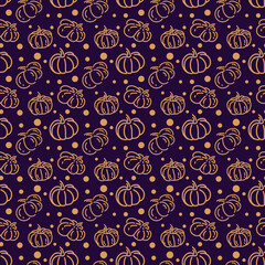 Pattern of hand drawn small pumpkins and dots. Autumn vegetables drawing. Vector seamless background pumpkins of different shapes. For Halloween, postcards, packaging, design.