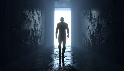 Fototapeta premium A dark, textured hallway with a bright light at the end. A silhouetted figure walks towards the light. The scene is monochromatic