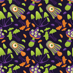 A festive pattern with mushrooms. Green fungi with eyes, strips and candy. Happy Halloween! Hand-drawn vector background for banners, packaging and wrapping paper.