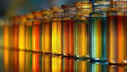 Vibrant, colorful liquids fill glass containers, arranged in a row, showcasing a spectrum of hues and reflections.
