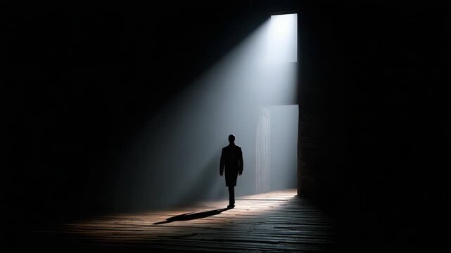 A solitary figure standing in the light of an open doorway, casting a long shadow on the wooden floor as beams of light illuminate the dark space around them.