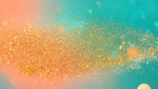 Sparkling Gold Glitter Stream Flows Across Teal and Peach Background with Soft Bokeh Lights and Soft Focus Effects