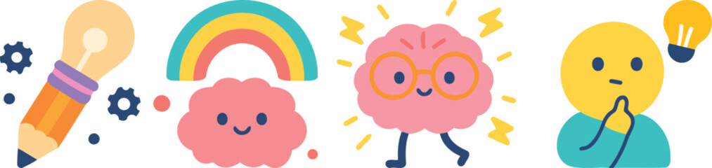 Playful flat vector icons for learning and creativity: pencil lightbulb with gears, smiling brain with rainbow, energetic brain with glasses, and a thinking person with idea.