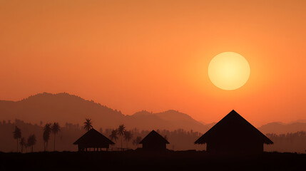 Sunset silhouettes of huts and palm trees against a mountain backdrop. The orange sky creates a warm, serene ambiance with the glowing sun.
