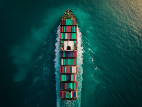Aerial view of a large container ship sailing through turquoise ocean water.