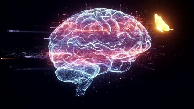Futuristic brain illustration with glowing neural connections and a butterfly, symbolizing creativity