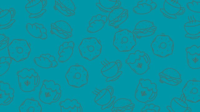 Teal background with donut sketch pattern is ideal for bakery or dessert branding, scrapbooking, or social media graphics. Versatile and visually appealing design.