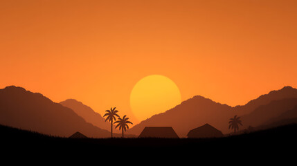 Tropical twilight. The sun sets behind layered mountains, palm trees and dwellings silhouetted against a vivid orange sky. A serene, minimalist landscape.