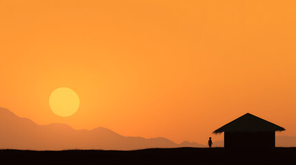 Sunset Silhouette: A rural hut is silhouetted against an orange sunset sky, with a child nearby. Mountains are visible in the distance.