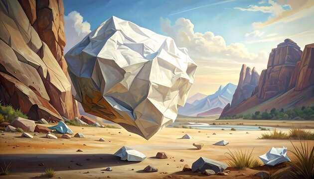 A floating, textured, white rock in a desert canyon setting, with various rock formations and a partly cloudy sky