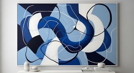Abstract Blue and White Painting with Curving Lines on Display.