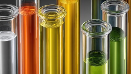 Close-up view of multiple test tubes filled with various colored liquids, showcasing a scientific or laboratory theme.