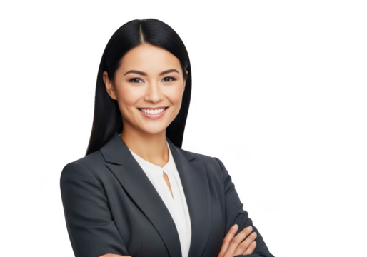 Smiling asian businesswoman in suit isolated on transparent background