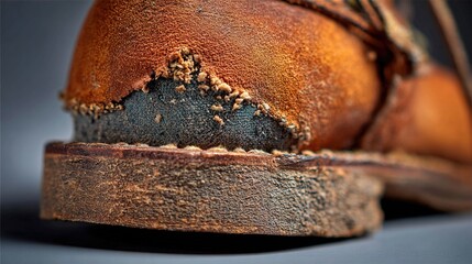 heel. Close-up of a worn leather hiking boot heel showing inner material and texture. lifestyle magazines, social media lookbooks, designed for lifestyle magazines and social media content.